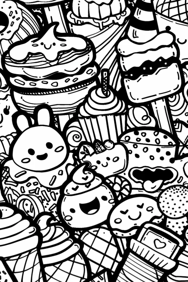 Cute anthropomorphic desserts and bunny, cartoon style — free printable cute style coloring book page