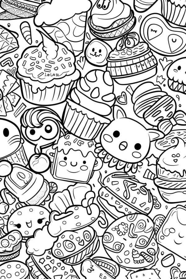 Cute anthropomorphic desserts and food collection, cartoon style — free printable childlike coloring book page