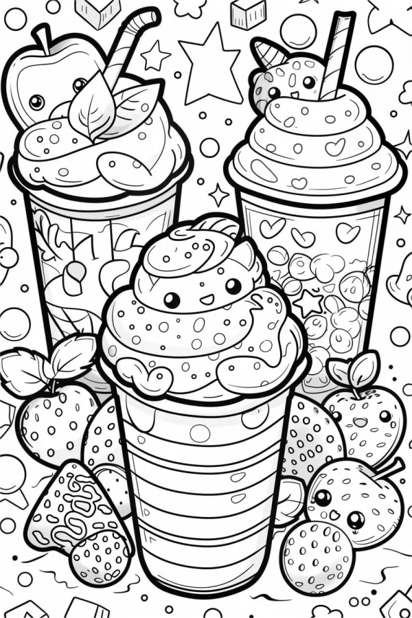 Cute anthropomorphic drink cups with whipped cream, paired with anthropomorphic apples and strawberries — free printable innocence coloring book page