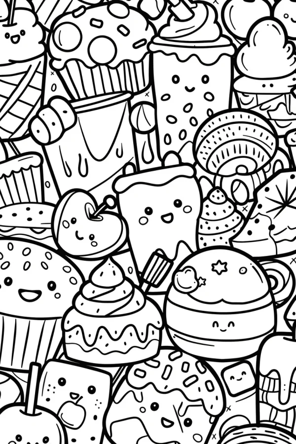 Collection of cute anthropomorphic desserts including cupcakes, ice creams — free printable innocence coloring book page
