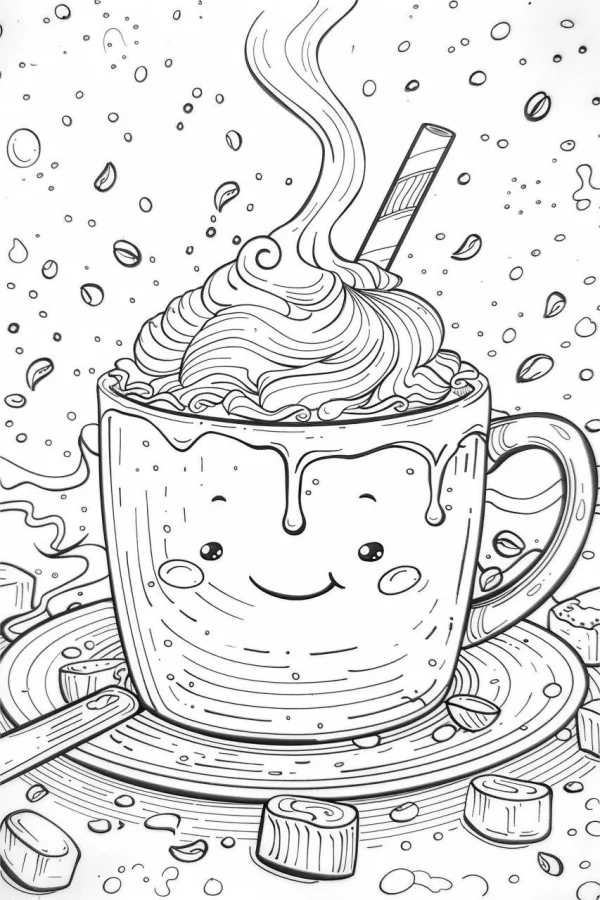 Cute anthropomorphic coffee cup with whipped cream, cartoon style — free printable cute coloring book page