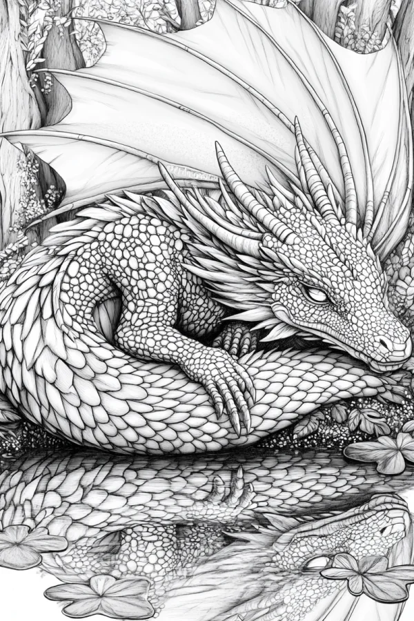 A coiled forest dragon resting by a reflective pond with its reflection, fantasy style — free printable dragon coloring book page