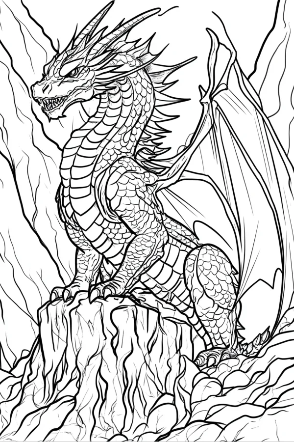 Western dragon perched on rocky cliffs, fantasy style — free printable dragon coloring book page