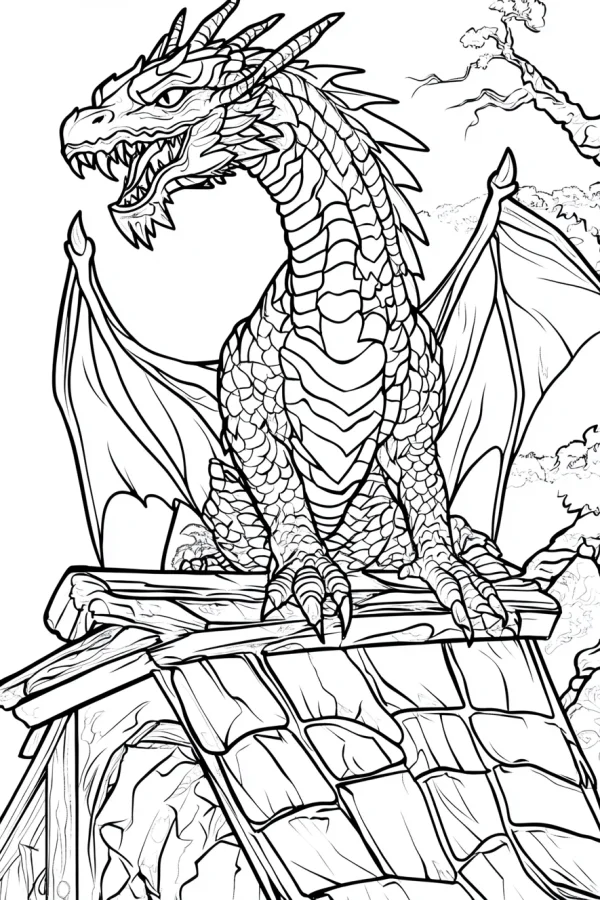 Fierce giant dragon perched on a tiled roof, fantasy style — free printable dragon coloring book page
