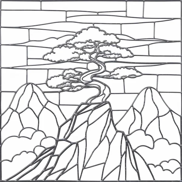 Pine tree on mountain peaks, stained glass style — free printable trees coloring book page