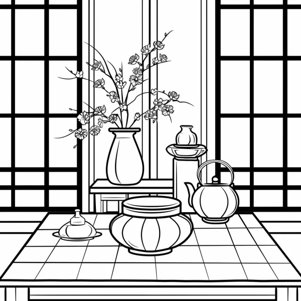 Japanese tea set with plum blossom arrangement in vase, japanese style indoor tea room scene with shoji screens — free printable tea culture coloring book page