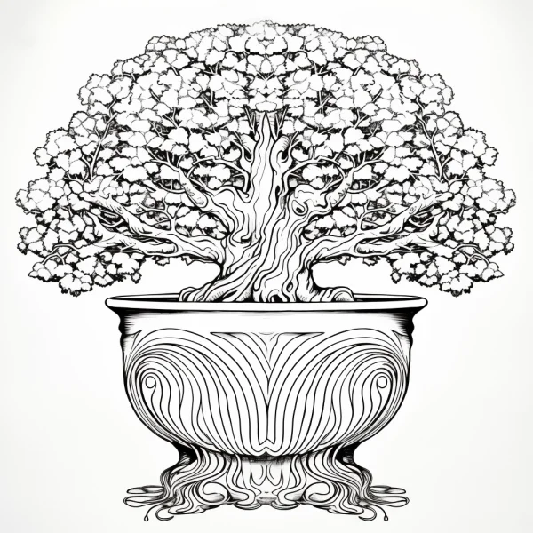 Bonsai tree in decorative pot with symmetrical patterns, line art style — free printable zen coloring book page