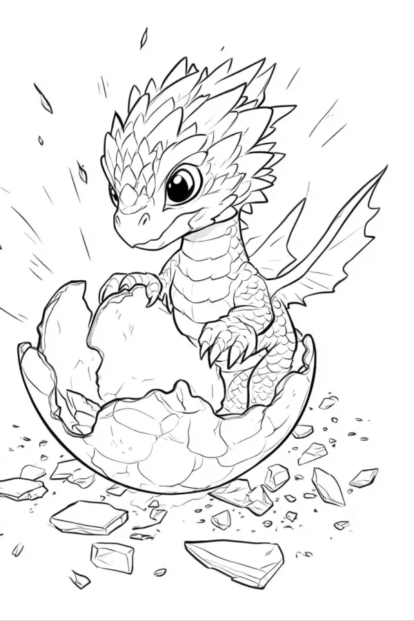 Cute hatching baby dragon, cartoon style — free printable dragon coloring book page