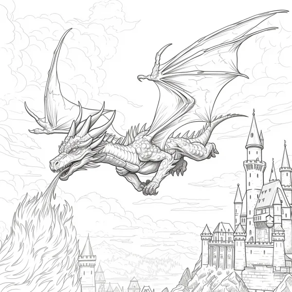 Flying fire-breathing dragon and medieval castle, fantasy style — free printable dragon coloring book page