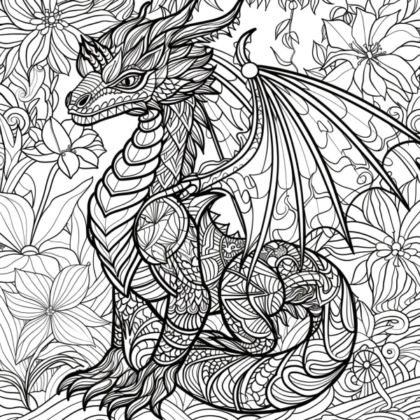 Mandala-style fantasy dragon, zentangle intricate patterns — free printable dragon coloring book page