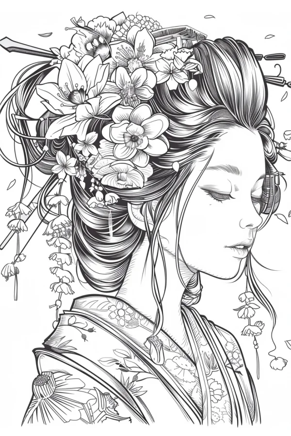Japanese kimono woman with elaborate floral hair ornaments, traditional japanese style — free printable classical coloring book page