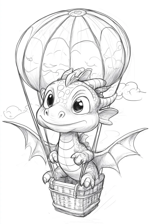 Cute cartoon baby dragon sitting in hot air balloon basket, cartoon style — free printable dragon coloring book page