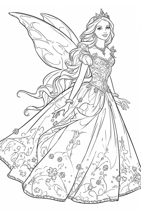 Fairy princess with butterfly wings, cartoon style — free printable princess coloring book page