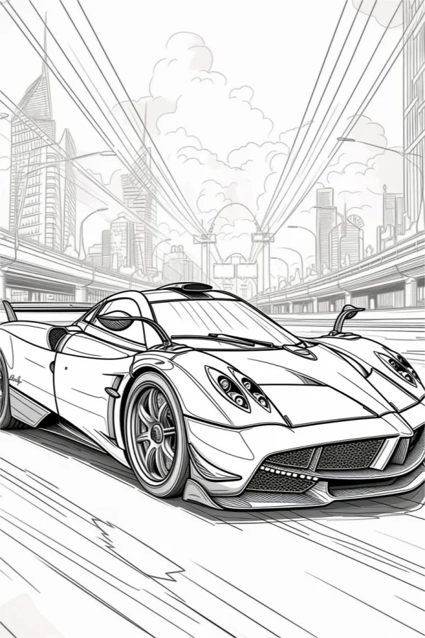 Super sports car driving on city road, realistic illustration line art — free printable motorsport coloring book page