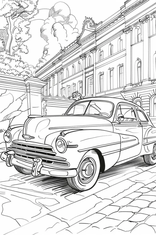 Vintage old car, retro style — free printable city scene coloring book page