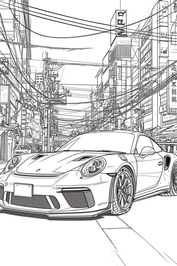 Sports car on a busy japanese urban street, realistic illustration style — free printable city street coloring book page