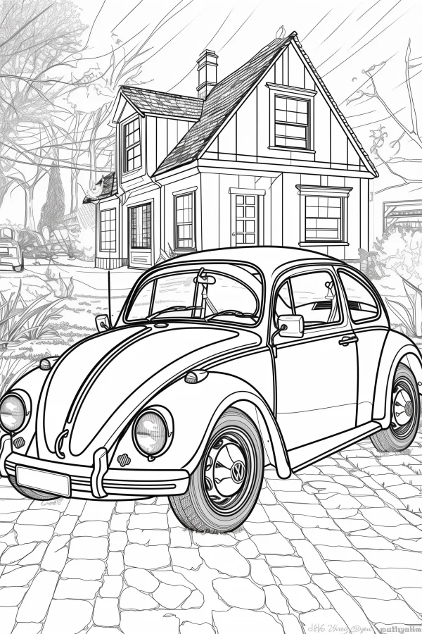 Vintage volkswagen beetle car in front of a cozy country house, realistic line art style — free printable daily scene coloring book page