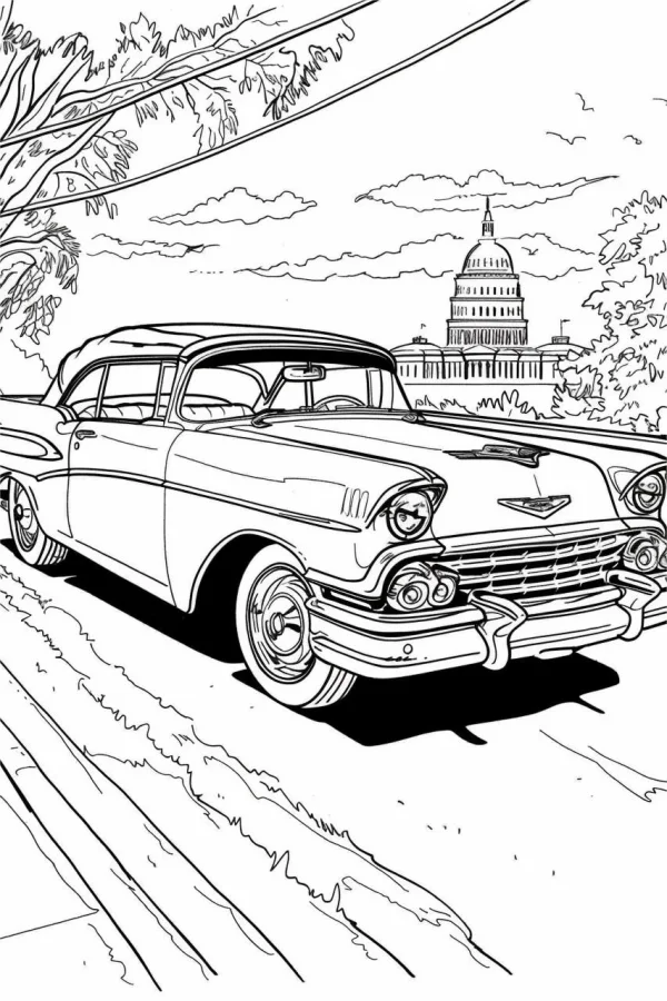 Vintage american sedan, realistic illustration style — free printable euro-american culture coloring book page