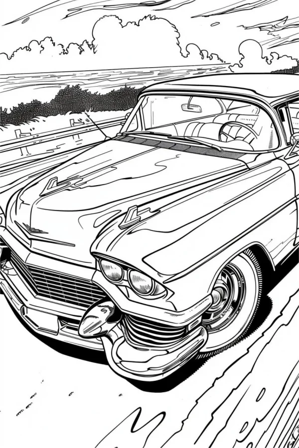 Vintage classic car, realistic and vintage style — free printable outdoor travel coloring book page