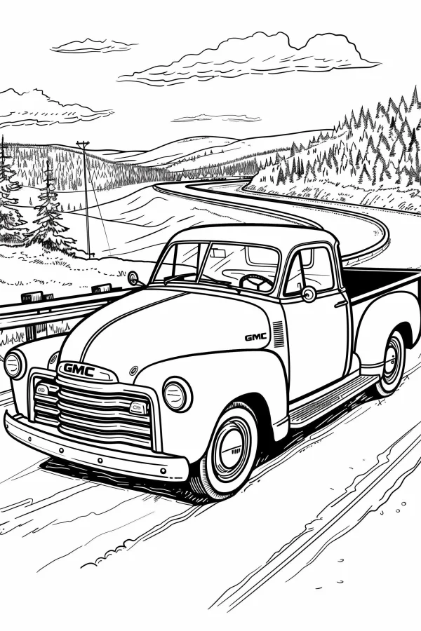 Vintage gmc pickup truck, realistic retro style — free printable vintage vehicles coloring book page