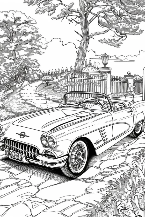 Vintage convertible car, retro style — free printable outdoor scenery coloring book page