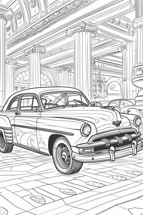 Vintage sedan car, retro style — free printable classical architecture coloring book page