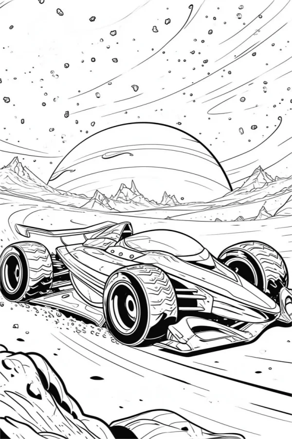 Sci-fi racing car, sci-fi style — free printable alien scene coloring book page