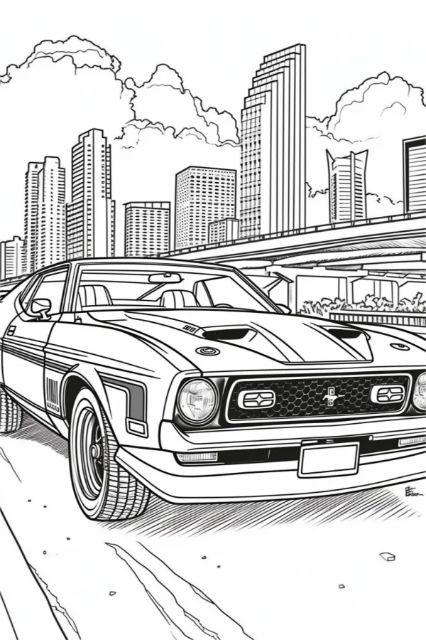 Vintage muscle car on city road, realistic line art style — free printable modern life coloring book page