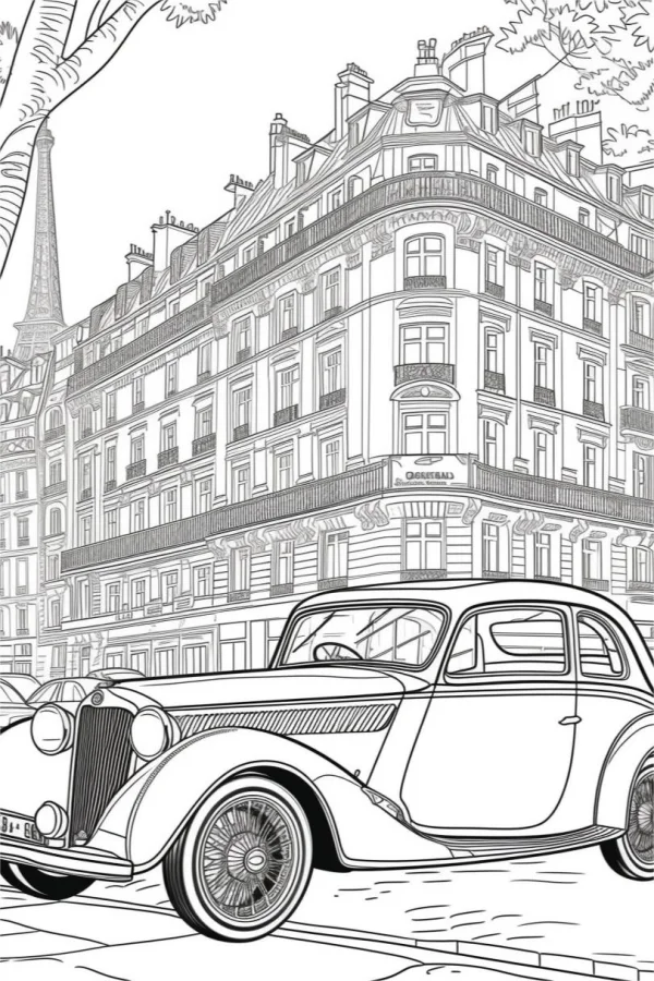 Coloring book page, vintage classic car in paris street scene with eiffel tower and european-style buildings — free printable euro-american culture coloring book page