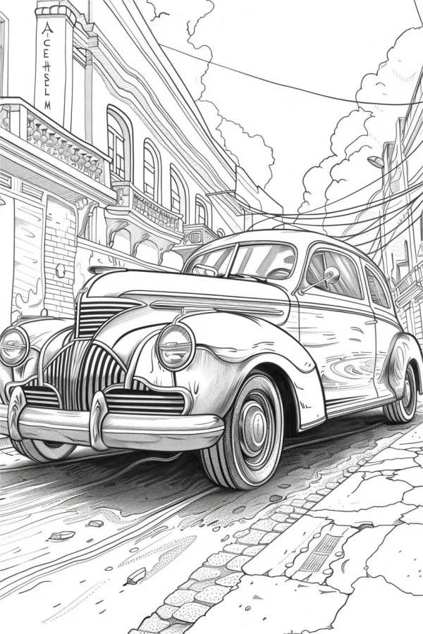 Vintage classic old car, realistic retro style — free printable city street coloring book page