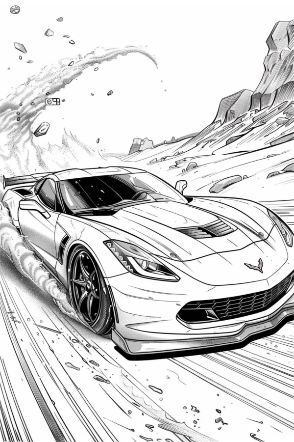 Cool sports car, manga style — free printable motorsport coloring book page