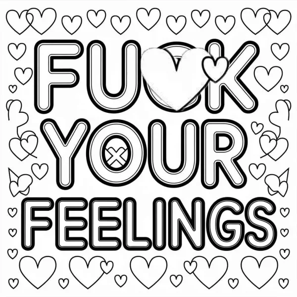 Coloring book page, bold outline text 'fuck your feelings' surrounded by various heart shapes — free printable rebellion coloring book page