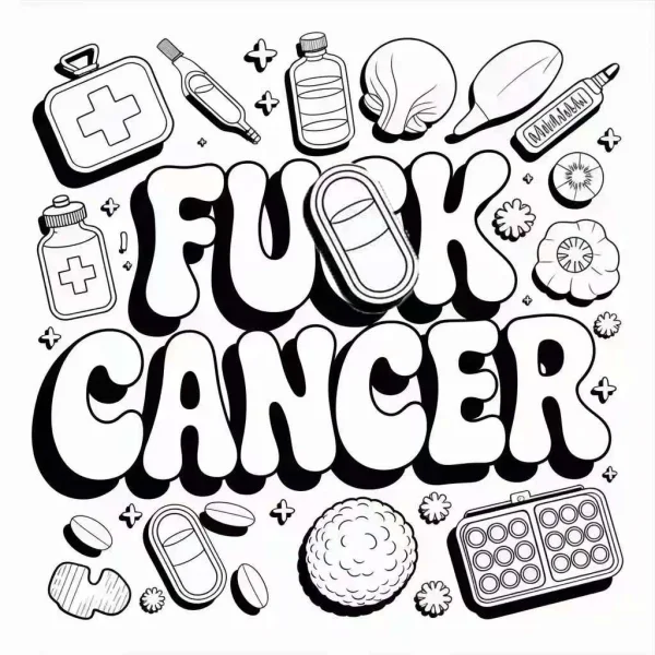Bold decorative text 'fuck cancer' surrounded by various medical supplies including first aid kit, pills — free printable anti-cancer coloring book page