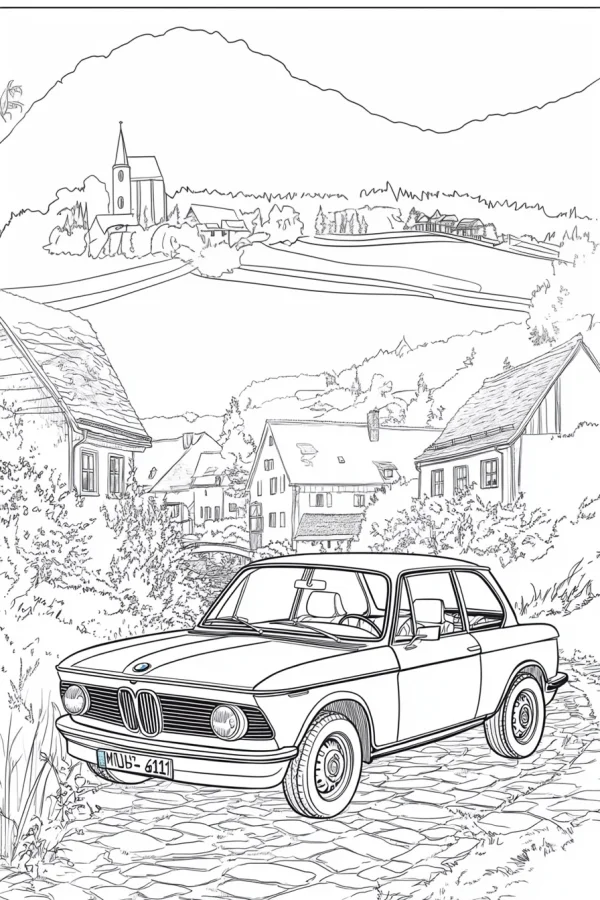 Vintage bmw car on cobblestone road, small european town scene with houses and church in mountain background — free printable town scenery coloring book page