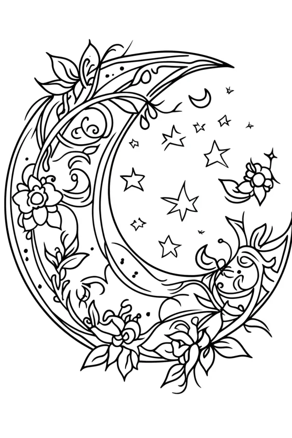 Crescent moon decorated with flowers and vines, fantasy style — free printable starry sky coloring book page