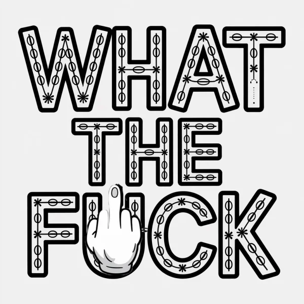 Middle finger gesture combined with 'what the fuck' decorative text, ornamental outline details — free printable vulgar content coloring book page