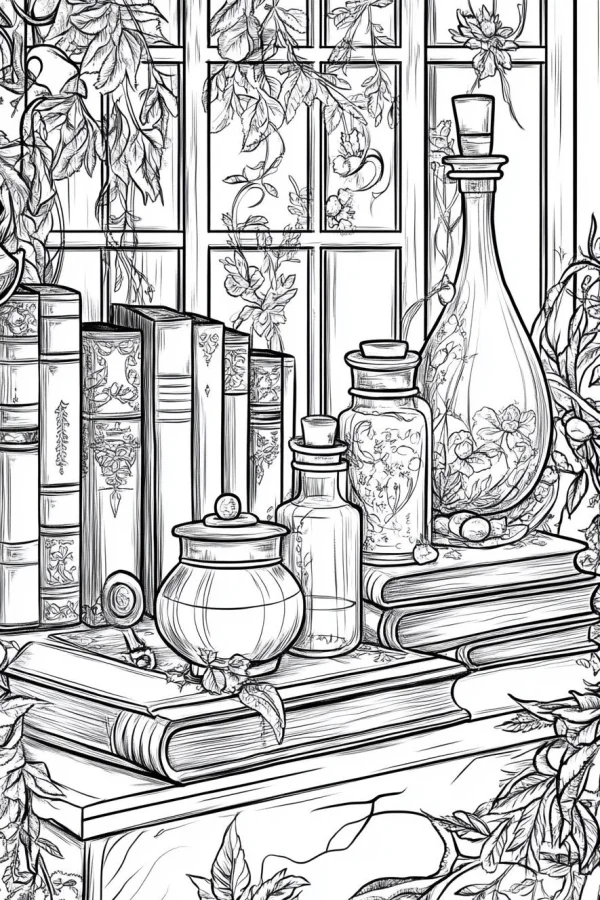 Coloring book page, vintage study desk with stacked books — free printable study coloring book page
