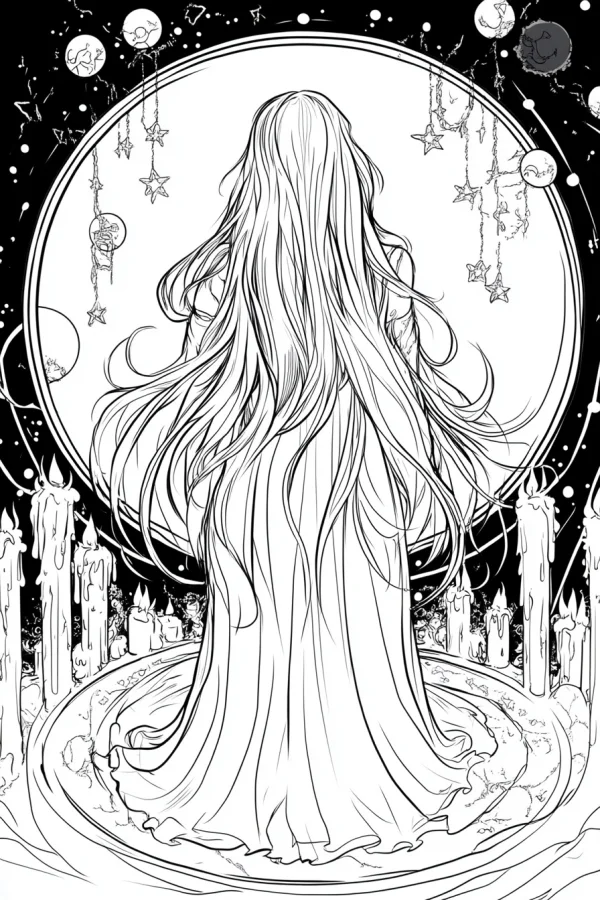 Back view of long-haired robed mysterious figure, fantasy magical style — free printable mystery coloring book page