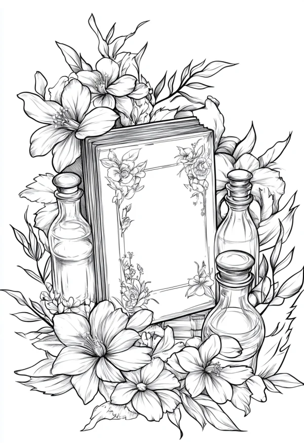 Floral arrangement with vintage book and glass bottles, realistic line art style — free printable handmade diy coloring book page