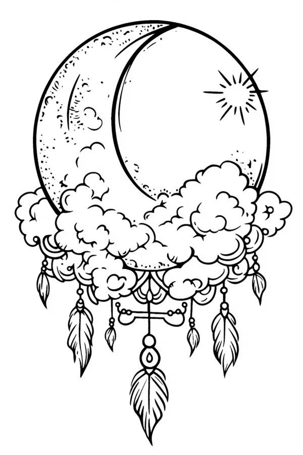 Crescent moon dreamcatcher with fluffy clouds, native american boho style — free printable indigenous culture coloring book page