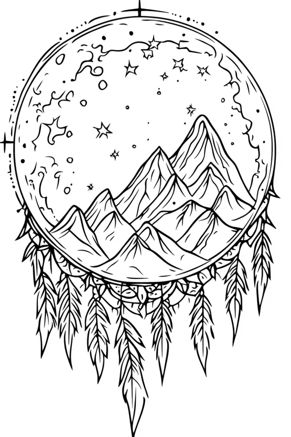 Dreamcatcher with mountain and starry sky inside, native american fantasy style — free printable indigenous culture coloring book page