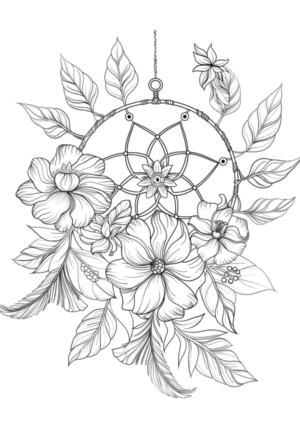Dreamcatcher adorned with flowers and feathers, native american style — free printable indigenous culture coloring book page