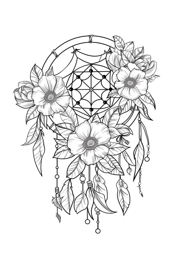 Floral decorated dreamcatcher, native tribal style — free printable indigenous culture coloring book page