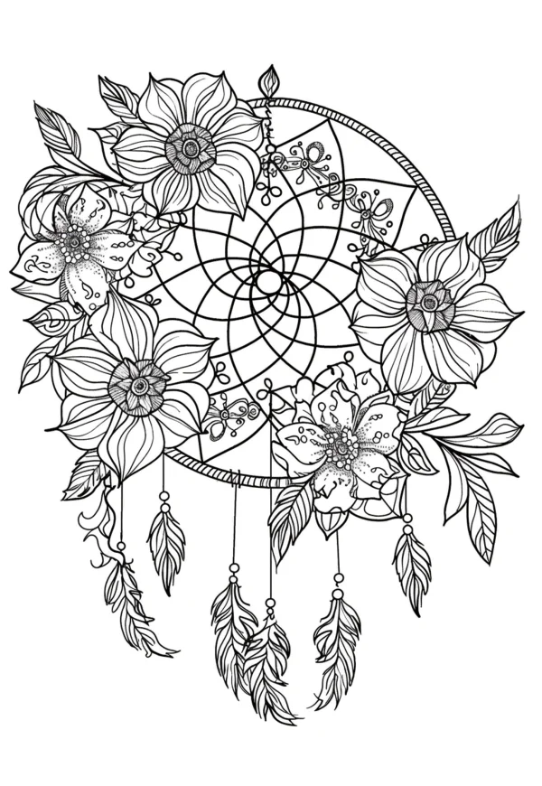 Floral decorated dreamcatcher, ethnic native style — free printable indigenous culture coloring book page