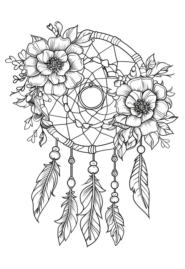Dreamcatcher decorated with large flowers, small flower branches and leaves — free printable indigenous culture coloring book page