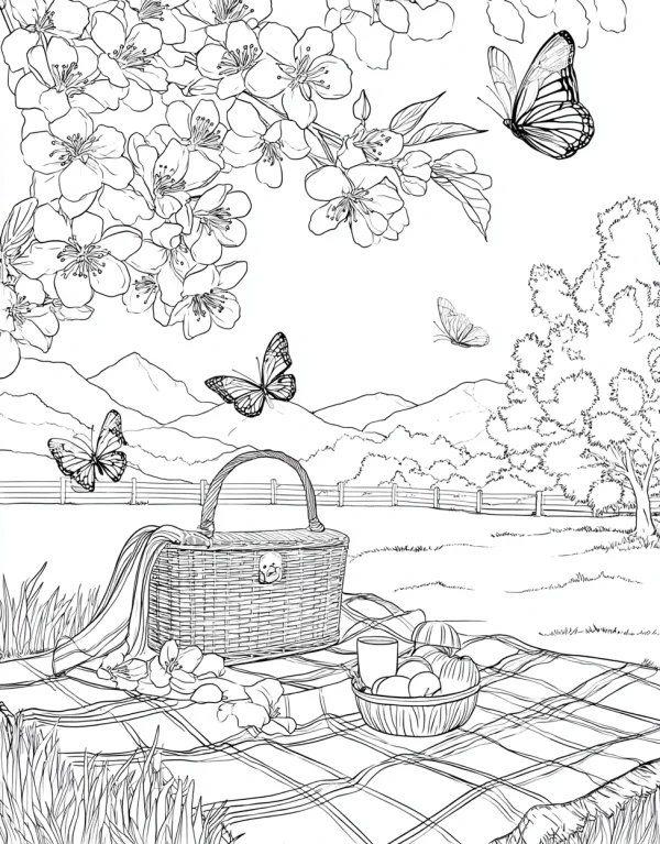 Outdoor picnic scene with wicker basket on checkered blanket, accompanied by bowl of fruits — free printable butterfly coloring book page