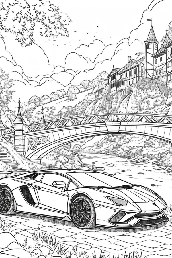 Lamborghini sports car, realistic illustration style — free printable scene theme coloring book page