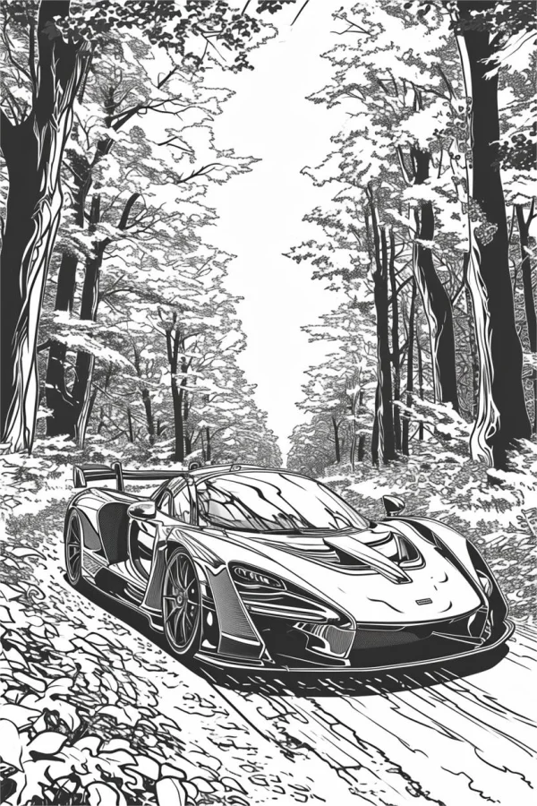 Sports car in forest, realistic style — free printable outdoor travel coloring book page
