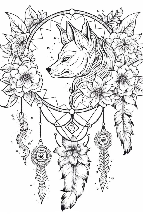 Dreamcatcher with fox head, surrounded by flowers and feathers — free printable indigenous culture coloring book page