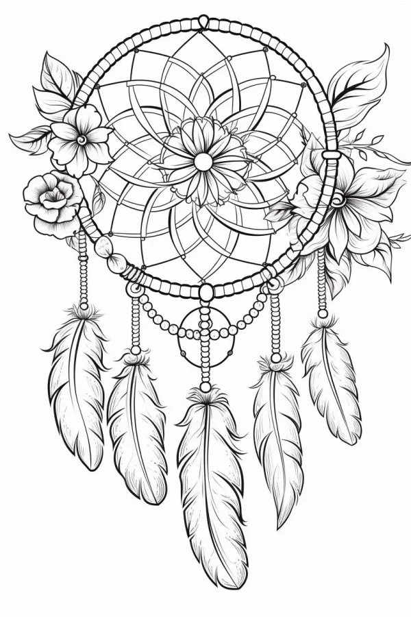 Dreamcatcher decorated with flowers and feathers, native american style — free printable birds coloring book page